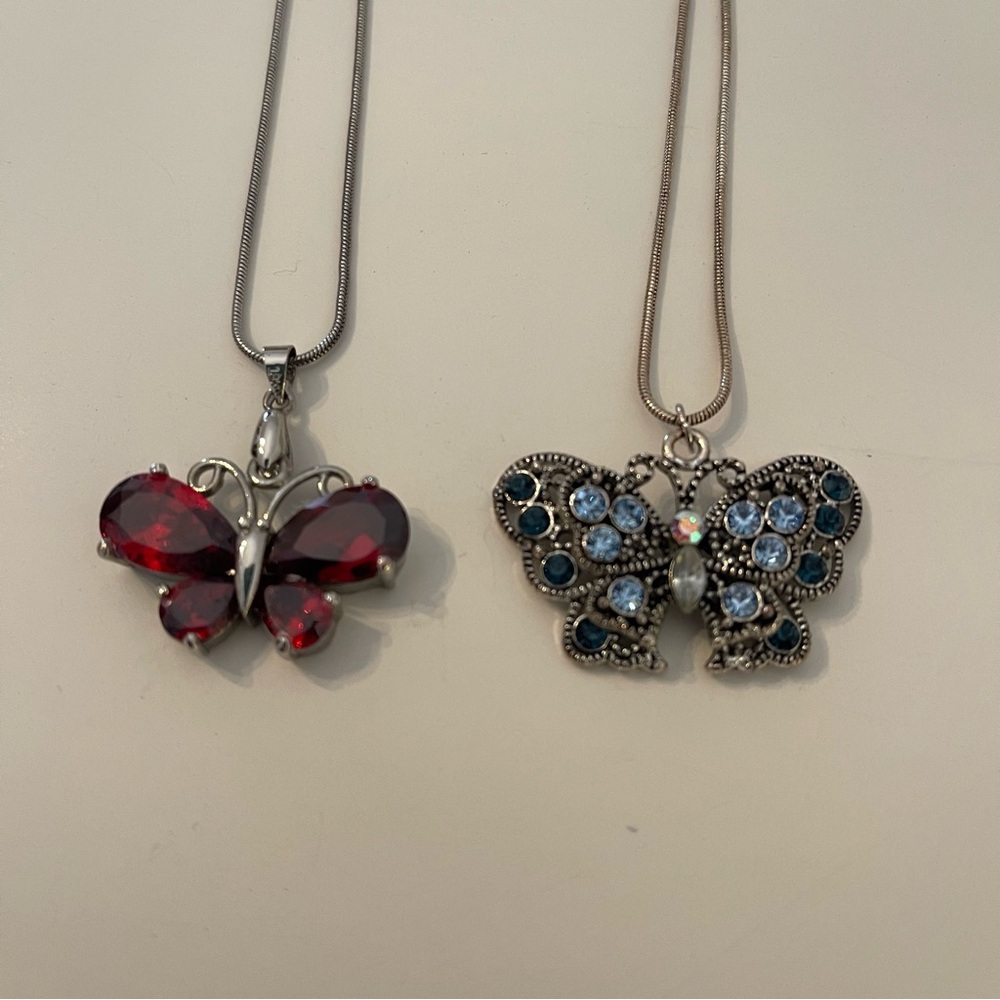 2 Elegant Butterfly Pendant Necklaces- Red and Blue